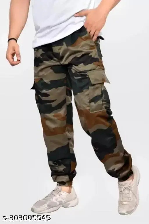 Men's Regular Fit Army Print Cargo Style Casual Trousers Pants