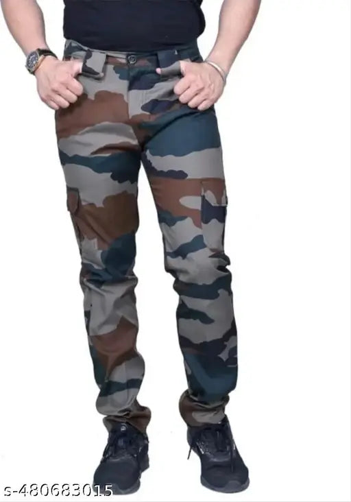 Men's Regular Fit Army Print Cargo Style Casual Trousers Pants